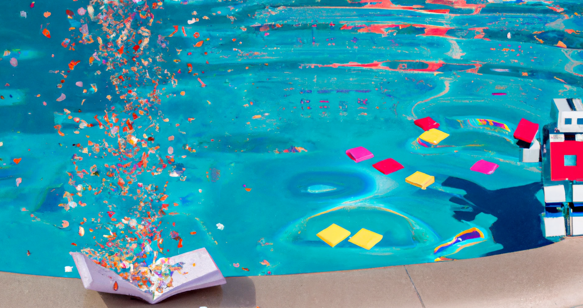 DALL·E 2022-10-05 11-23-29 - confetti exploding from an open book in a swimming pool